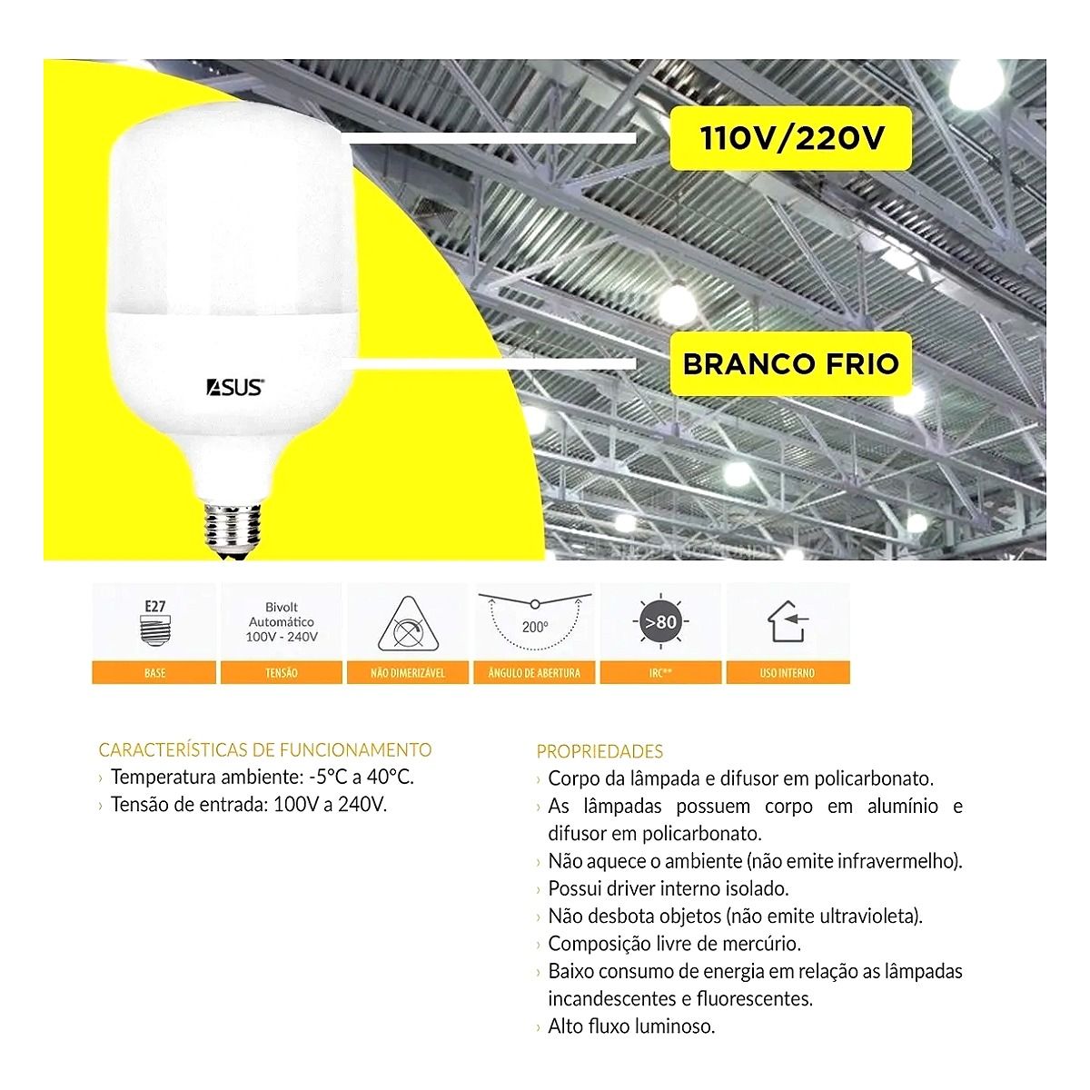 Lâmpada LED ASUS 30W base E27 branca potente para iluminação residencial e comercial na Led Maricá RJ.