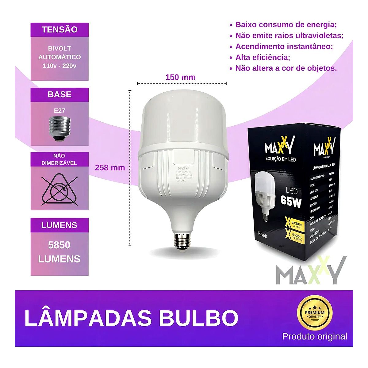 Lâmpada LED 65W Maxxy branca bivolt para alta potência em ambientes amplos na Led Maricá RJ