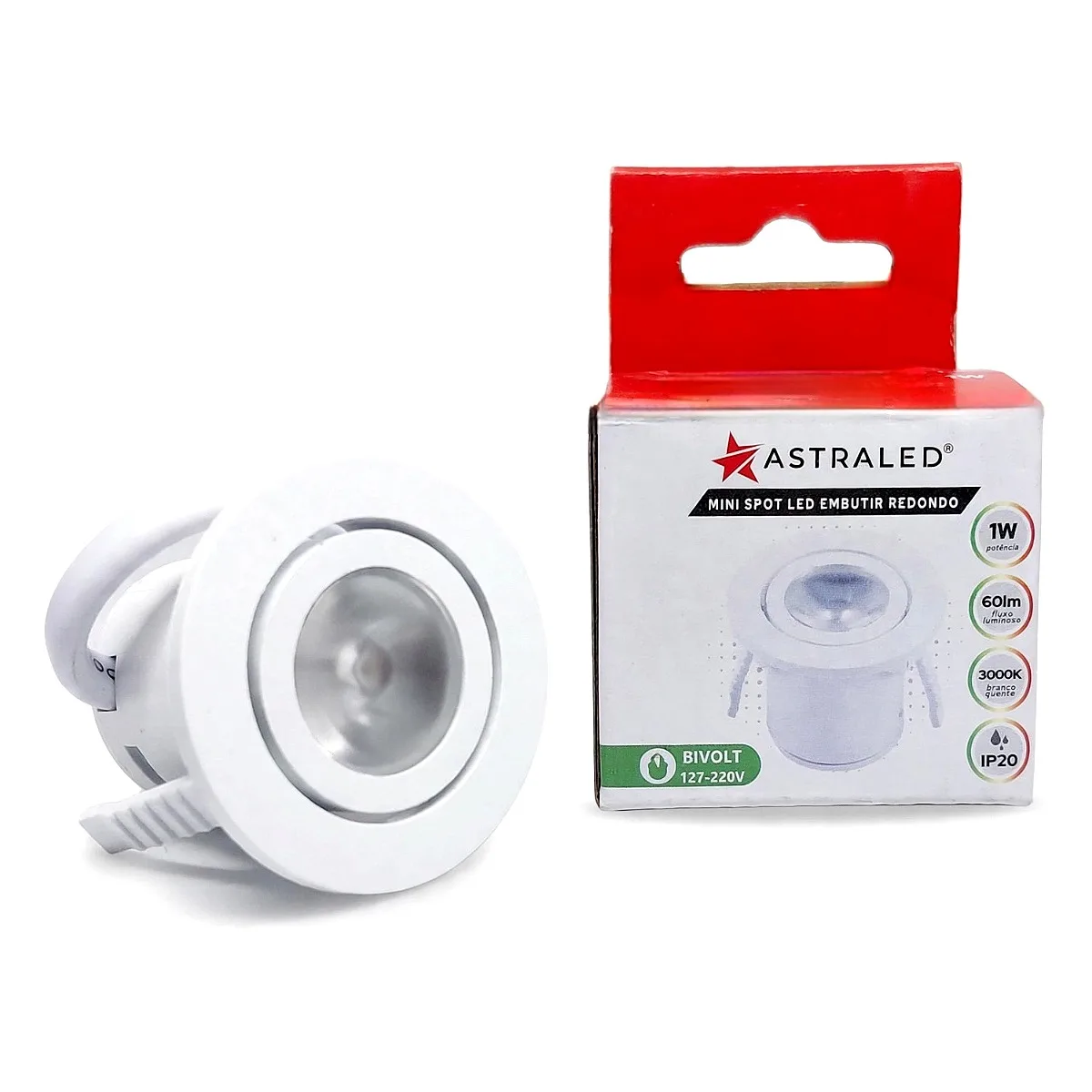 Mini Spot LED Embutir Redondo Astraled 1W - 3000K Mini spot LED embutir redondo Astraled 1W 3000k luz quente para marcenaria em Maricá RJ.