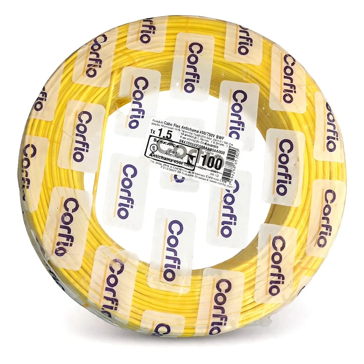 Fio Flexível 1,5mm Corfio Amarelo - 100 Metros Rolo de fio flexível 1,5mm amarelo Corfio 100 metros para instalações elétricas na Led Maricá RJ.