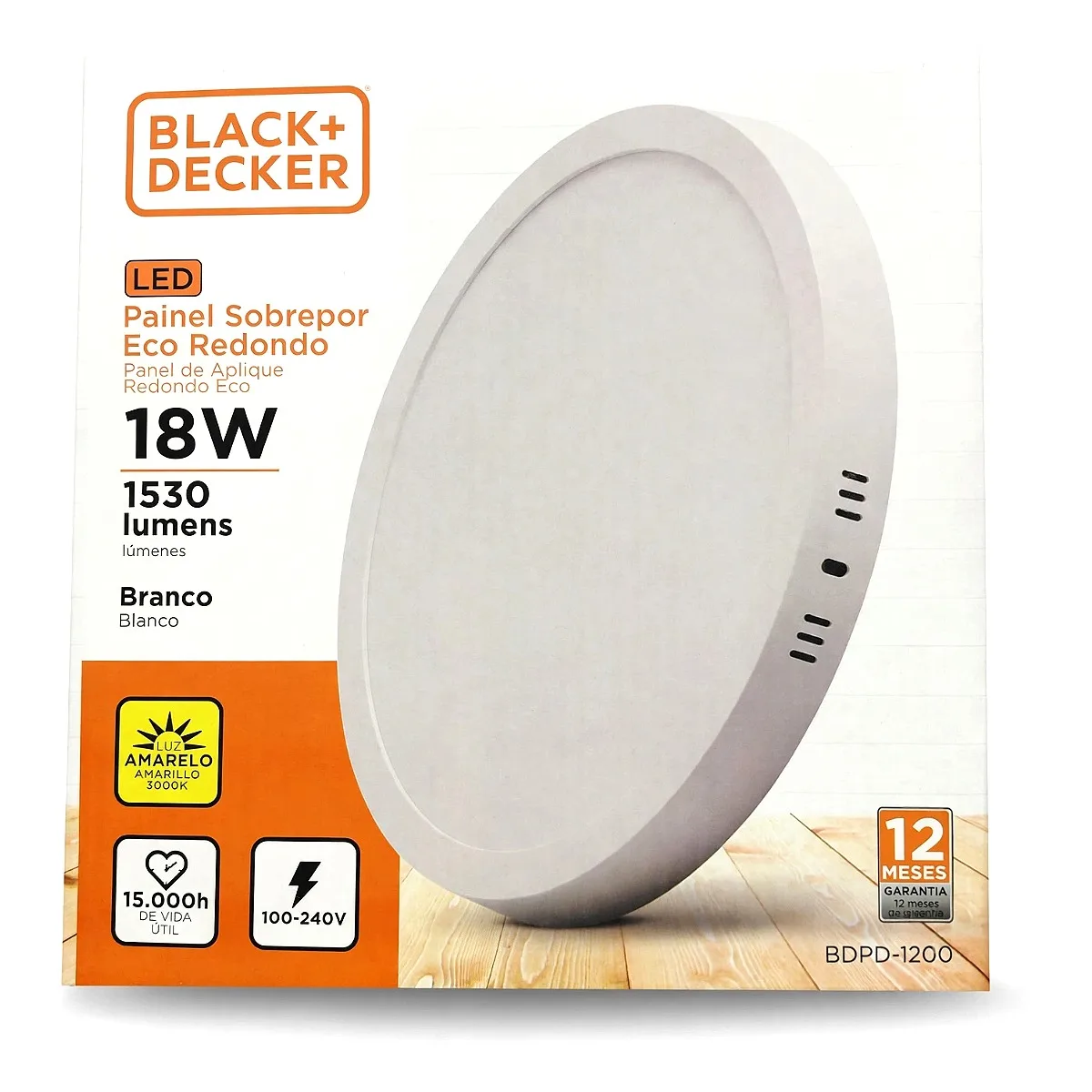 Painel LED Black Decker Sobrepor 18W 3000K Amarelo Painel LED Black Decker 18W de sobrepor redondo luz amarela 3000k para ambientes aconchegantes na Led Maricá.
