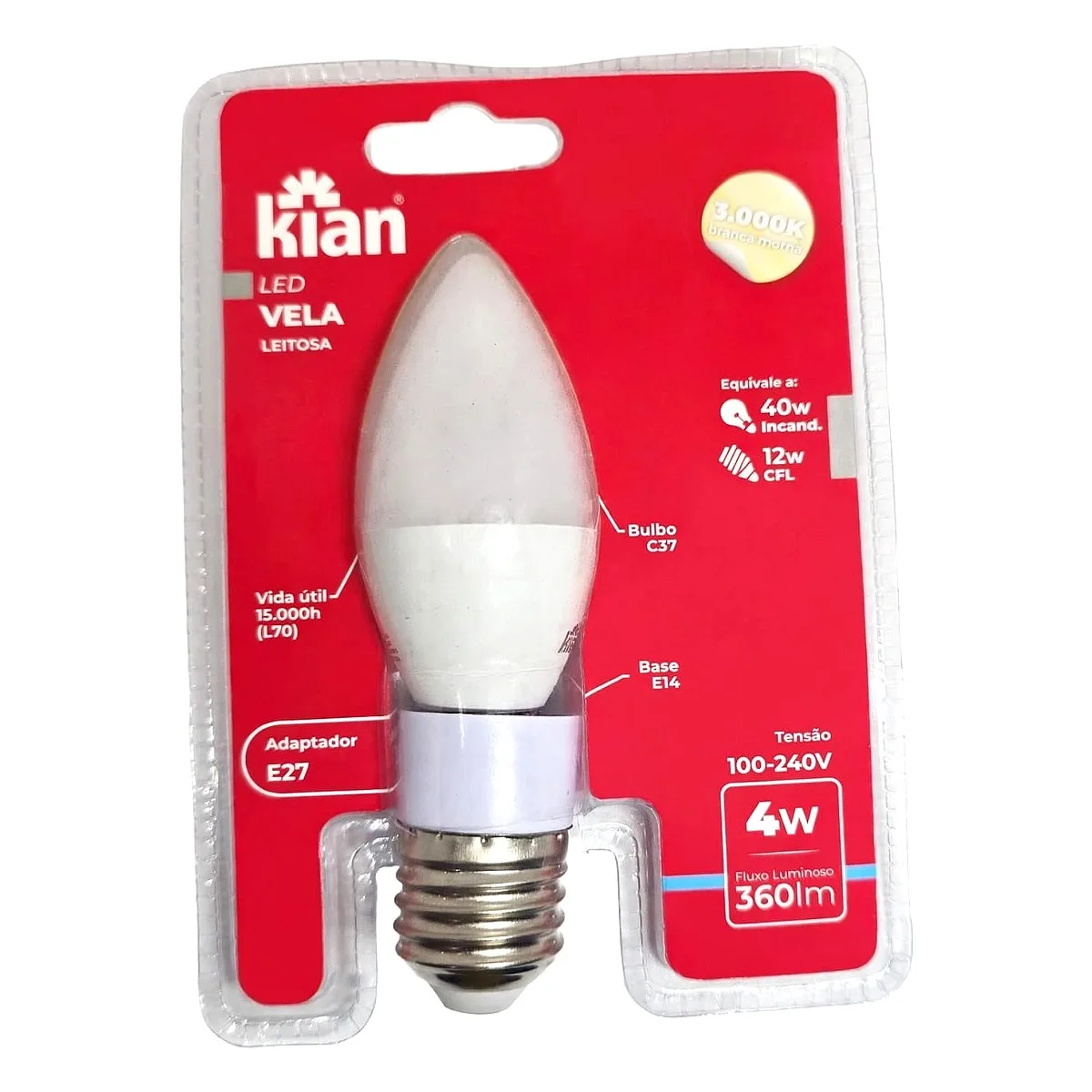 Lâmpada Led Vela 4W E14 + Adaptador E27 - 3000k Lâmpada Led Vela 4W E14 + Adaptador E27 - 3000k — Led Maricá