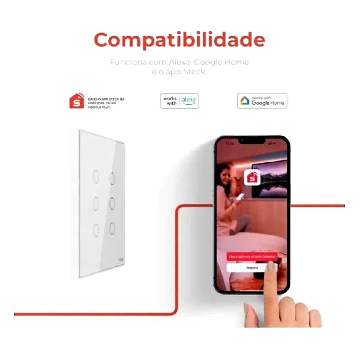 Interruptor 6 Touch Wi-Fi Branco Steck Interruptor Inteligente 6 Teclas Touch Wi-Fi Branco Steck disponível na Led Maricá RJ.