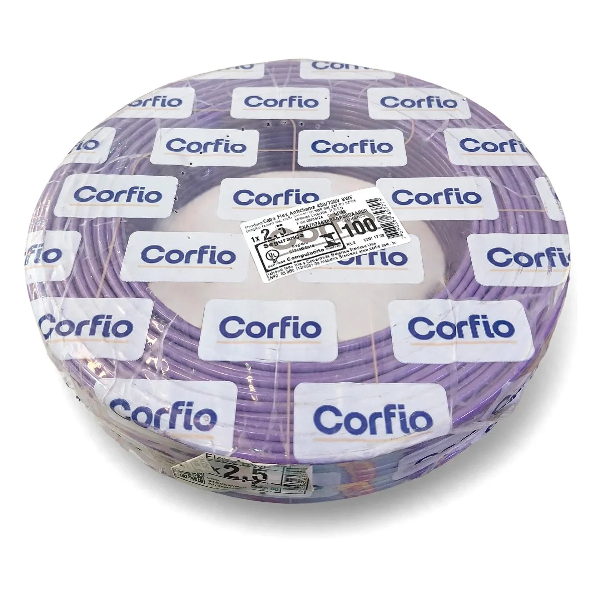 Rolo de Fio Flexível 2,5mm Corfio 100m Lilás Rolo de fio flexível 2,5mm Corfio 100 metros lilás para instalações elétricas na Led Maricá RJ.