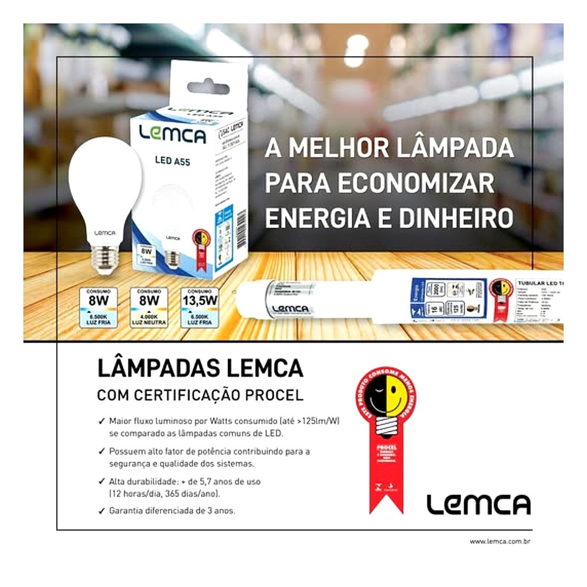 Lampada LED 8W Lemca A55 E27 bulbo bivolt em destaque na loja Led Marica RJ