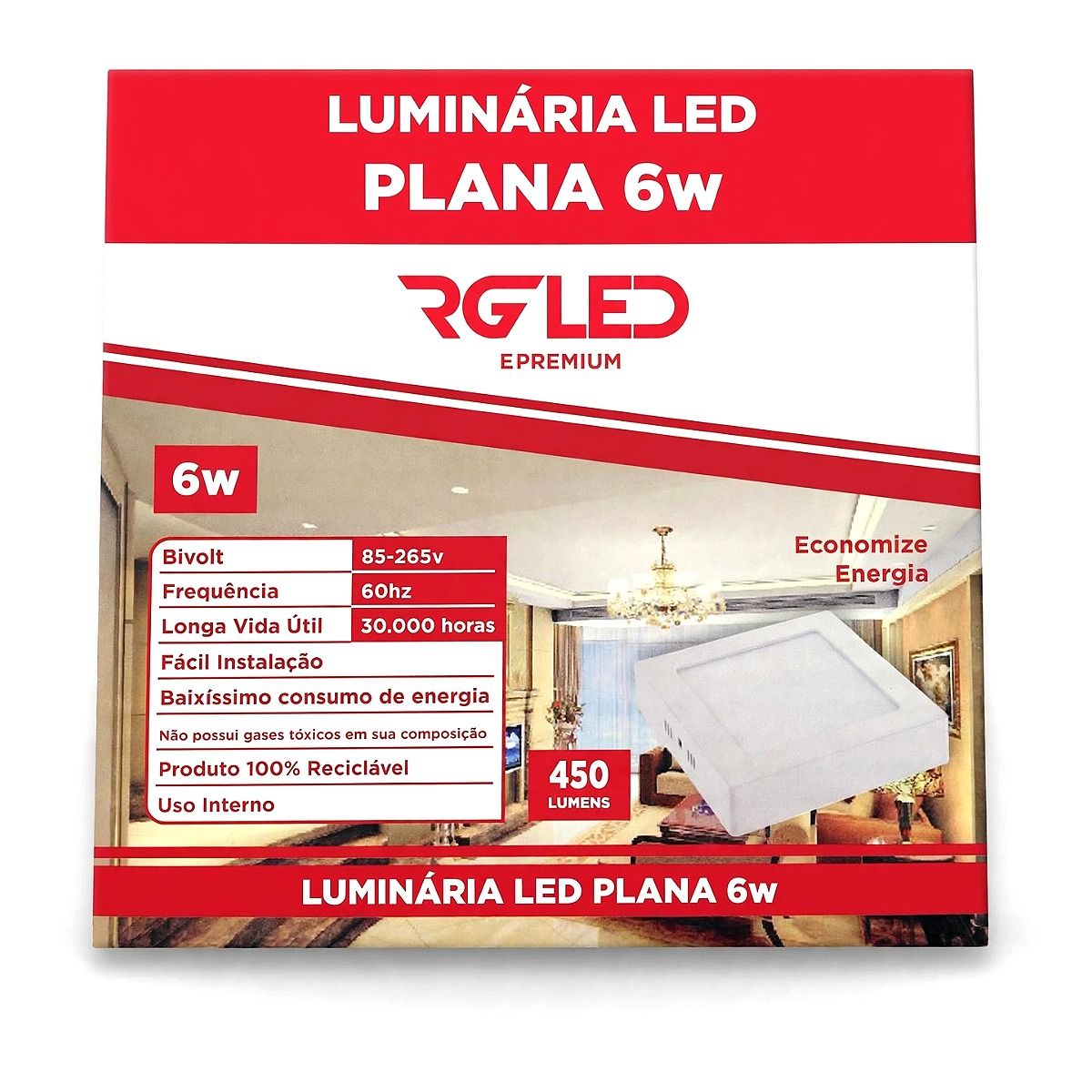 Painel RG Led Sobrepor Quadrado 6W - 3000k