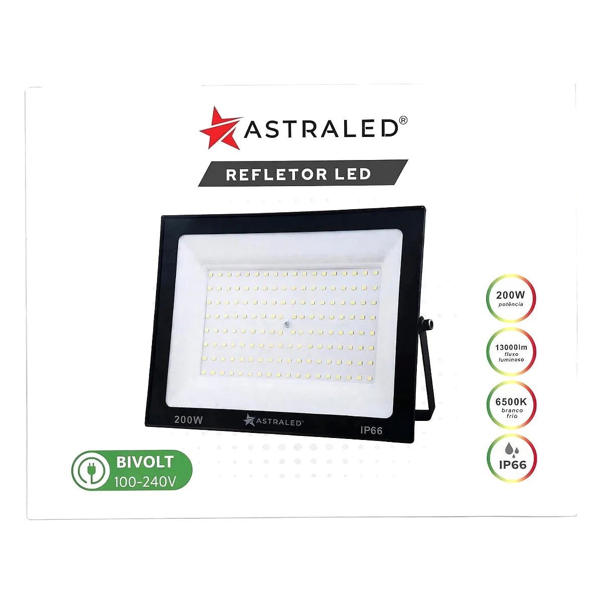 Refletor LED 200W Astraled 6500K Branco Frio Refletor LED 200W Astraled 6500K bivolt para iluminação externa na Led Maricá RJ.