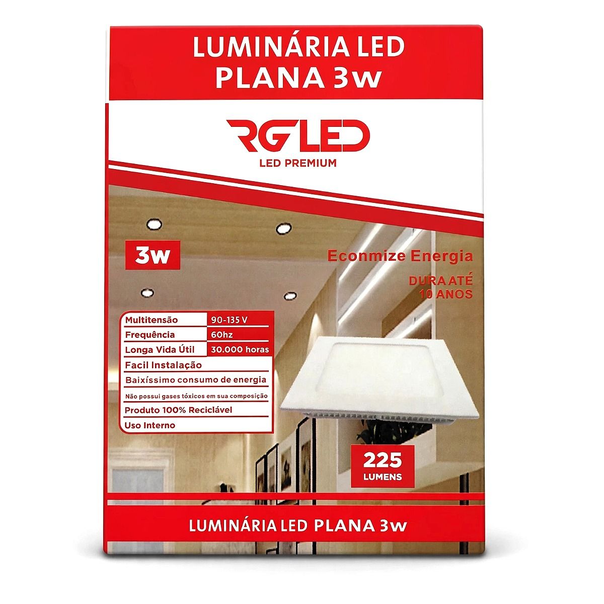 Painel RG Led Embutir Quadrado 3W - 3000k