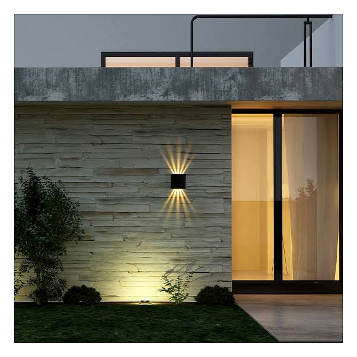 Arandela Moniu Nordecor com dois fachos de luz 3000k instalada em parede na Led Maricá RJ.