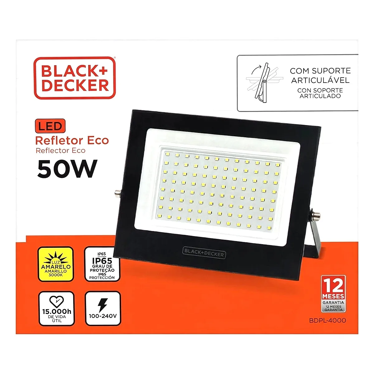 Refletor LED 50W Black Decker 3000K Luz Quente Refletor LED 50W Black Decker 3000K luz amarela para fachadas na Led Maricá RJ