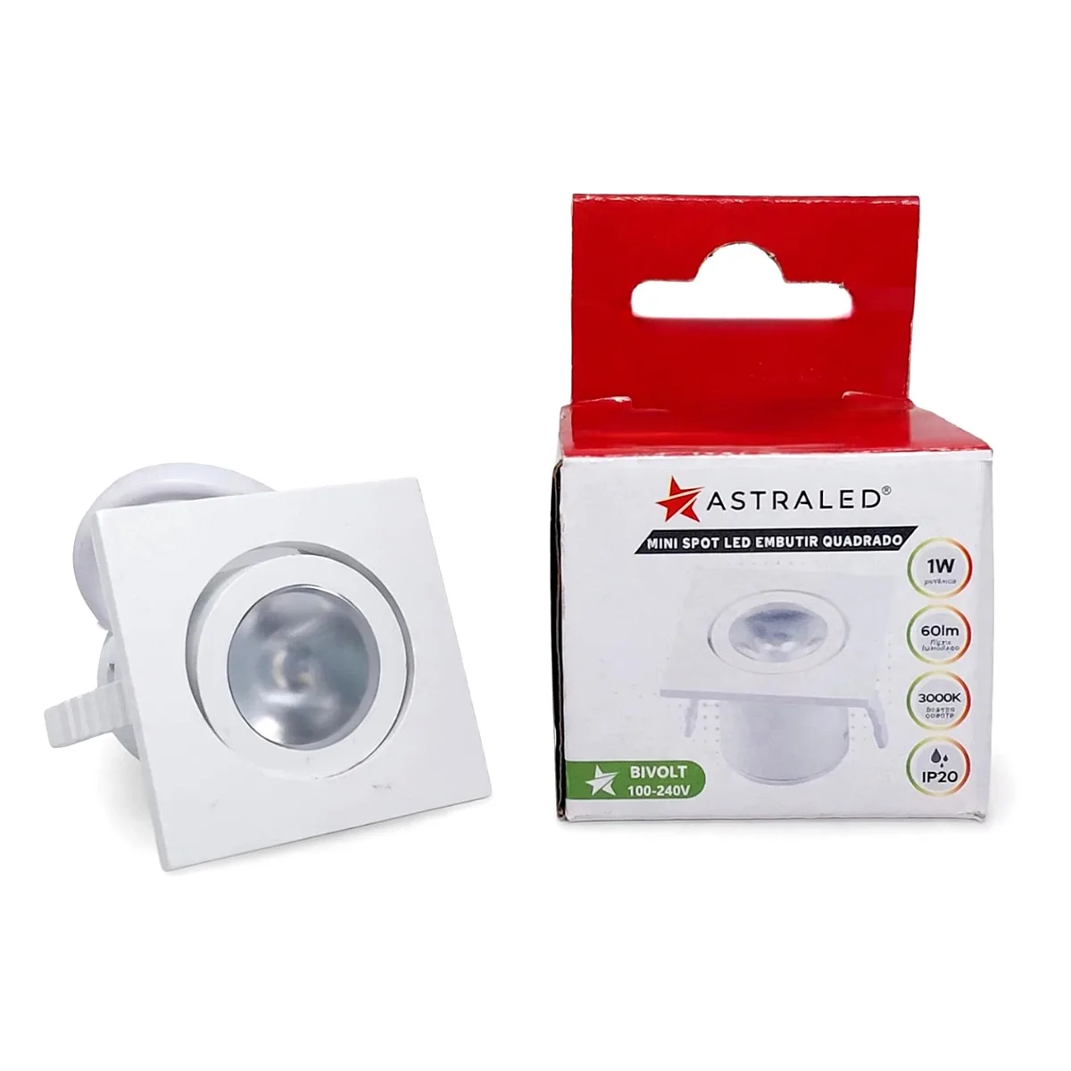 Mini Spot LED Embutir Quadrado Astraled 1W 3000K Mini spot LED de embutir quadrado Astraled 1W 3000K branco quente para nichos e móveis na Led Maricá RJ.
