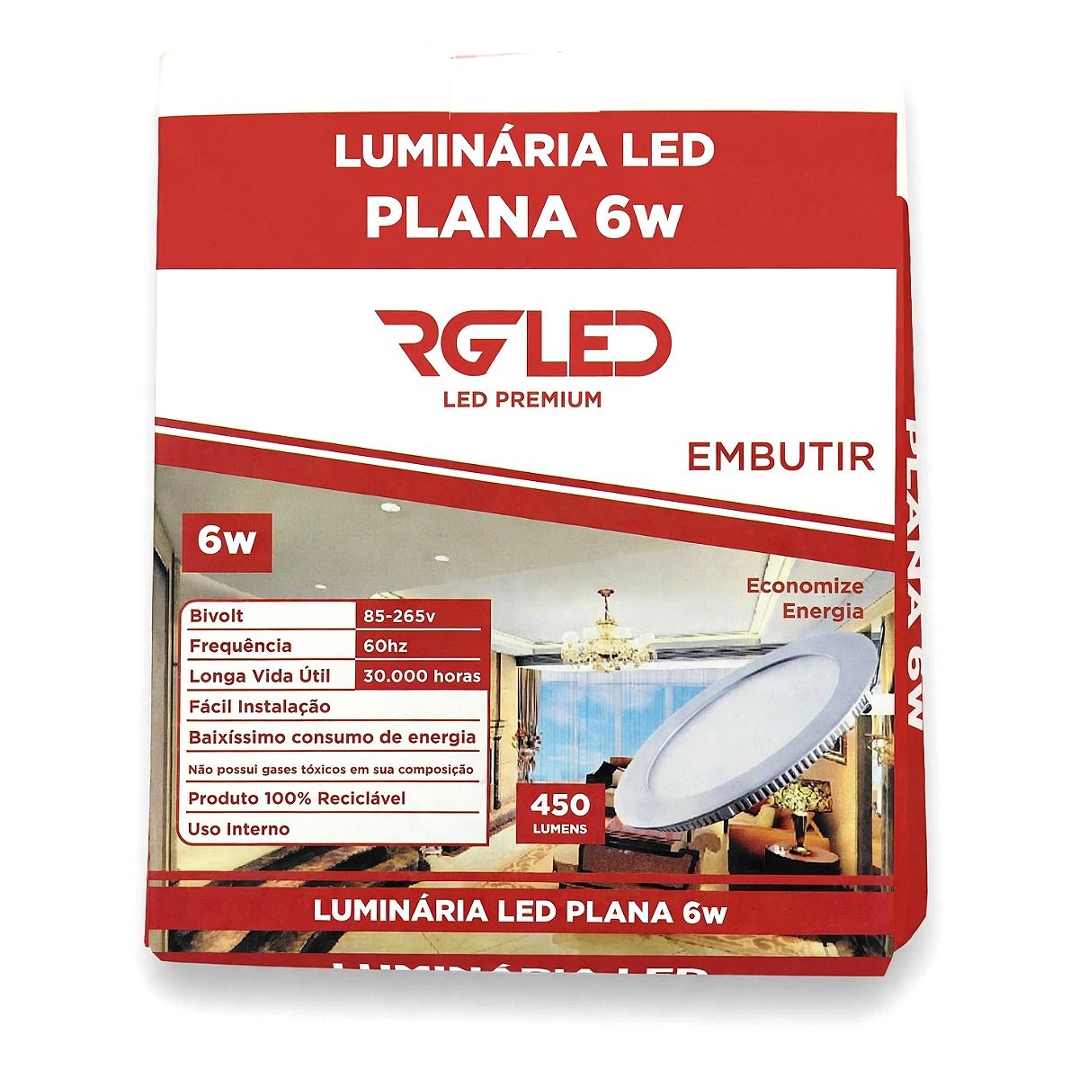 Painel RG Led Embutir 6W - 3000k