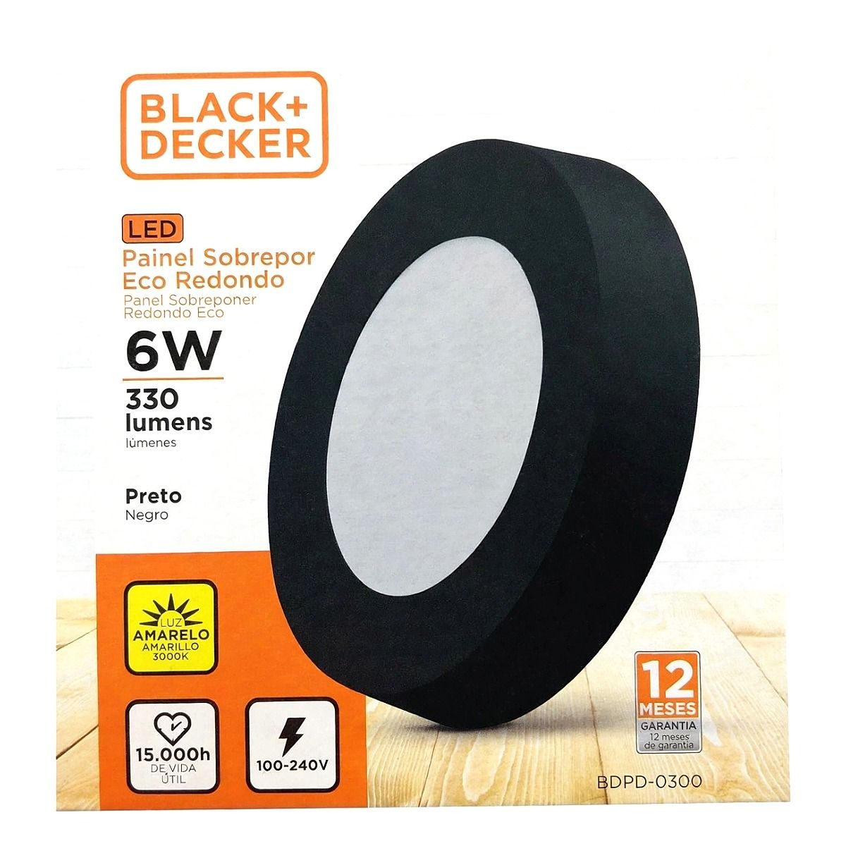 Painel B+D Sobrepor 6W Preto - 3000k