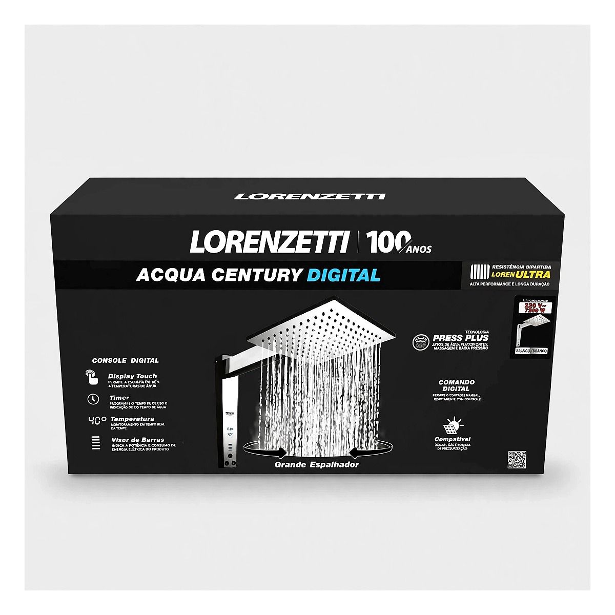 Chuveiro Lorenzetti Acqua Century Digital Branco e Cromado 220V em detalhe na Led Maricá RJ.