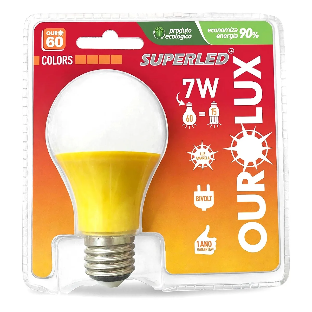 Lâmpada Superled 7W E27 Amarelo Ourolux Lâmpada Superled 7W E27 cor amarela Ourolux disponível na Led Maricá RJ.